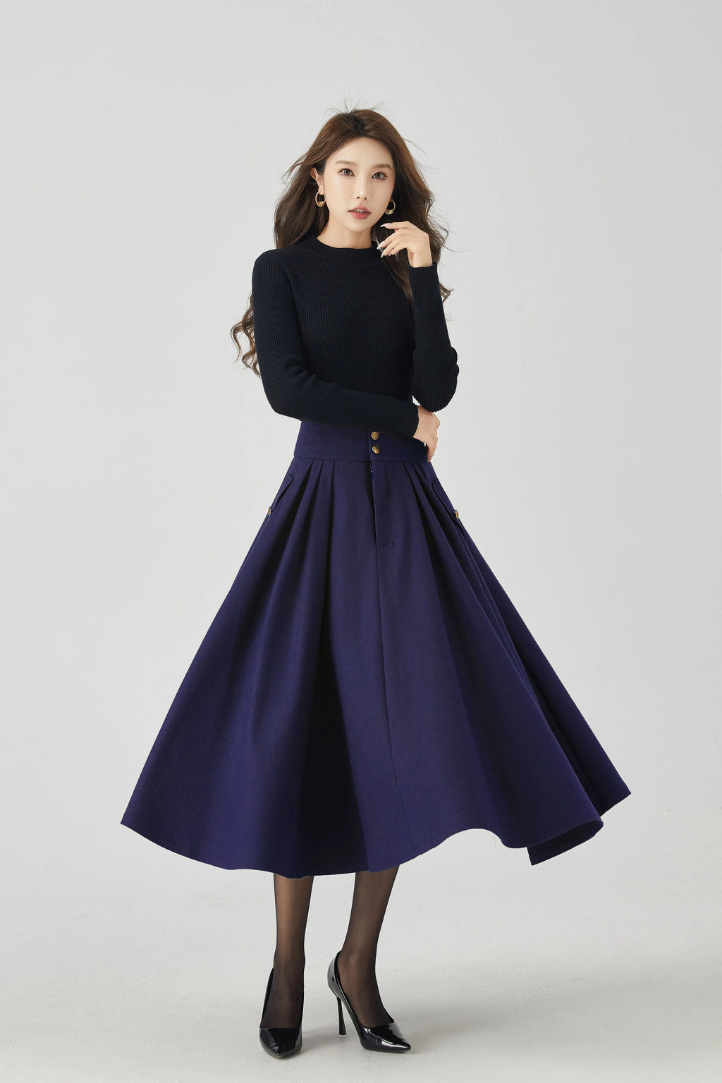 Navy Wool Midi Skirt - Pleated Swing Silhouette 5383