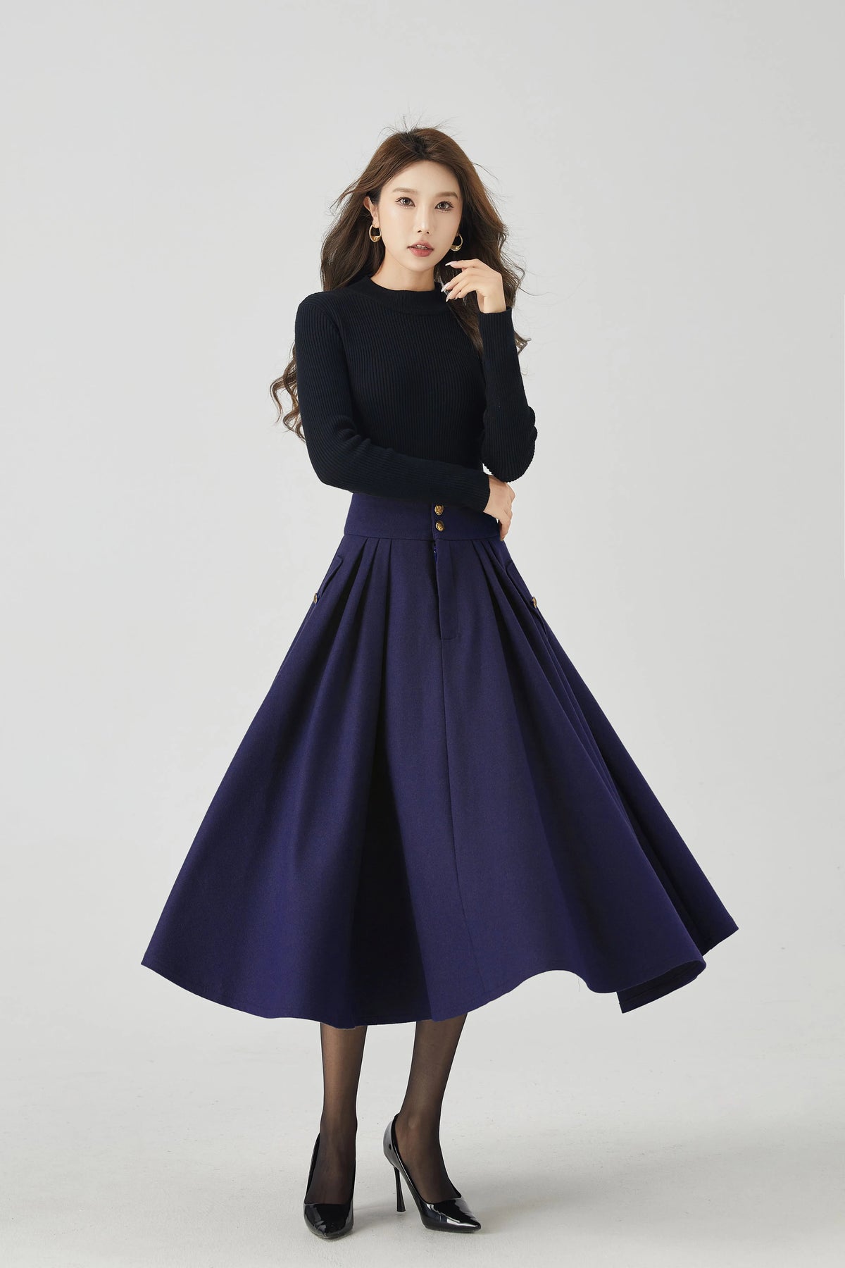 Navy Wool Midi Skirt - Pleated Swing Silhouette 5383
