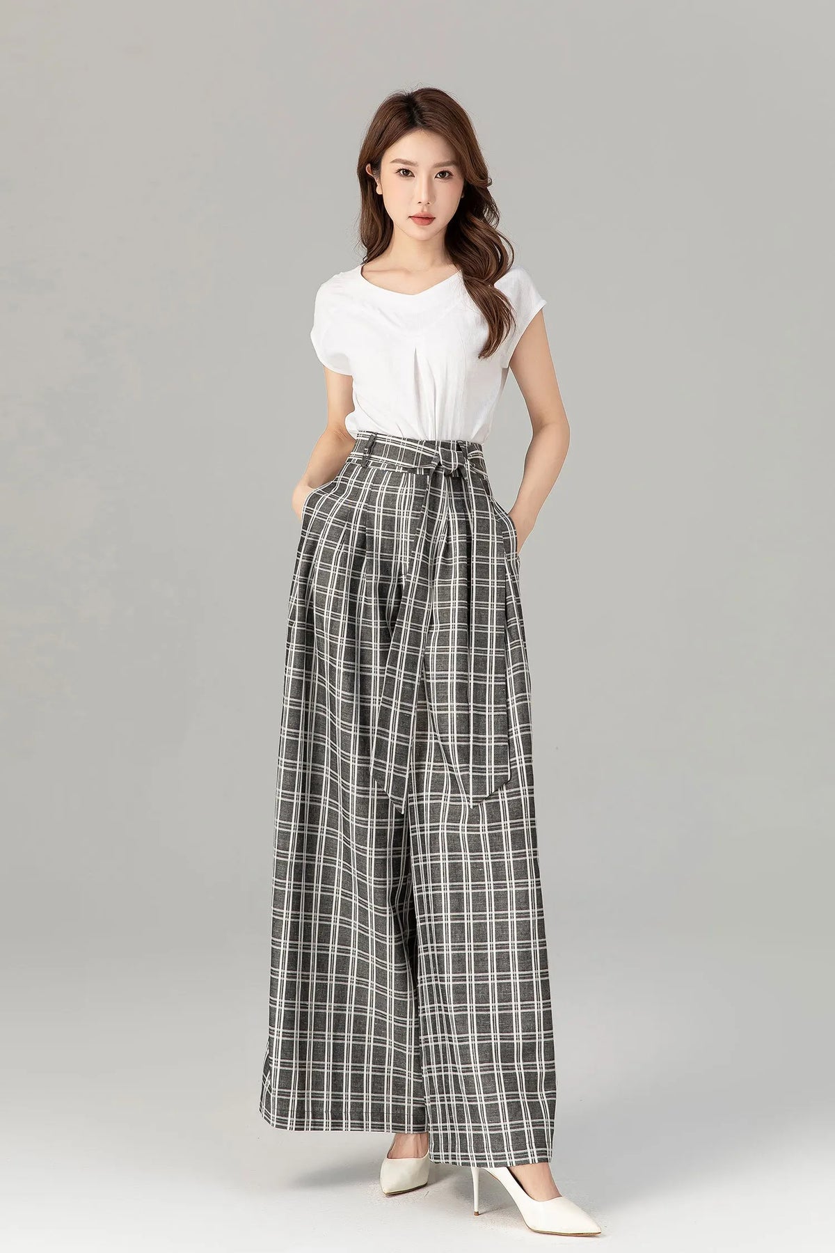 Black & White Linen Pants - Wide Leg, High Waisted with Tie Belt 4928