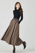 Handmade Wool Pleated Midi Skirt – High Waist Brown Winter Skirt 