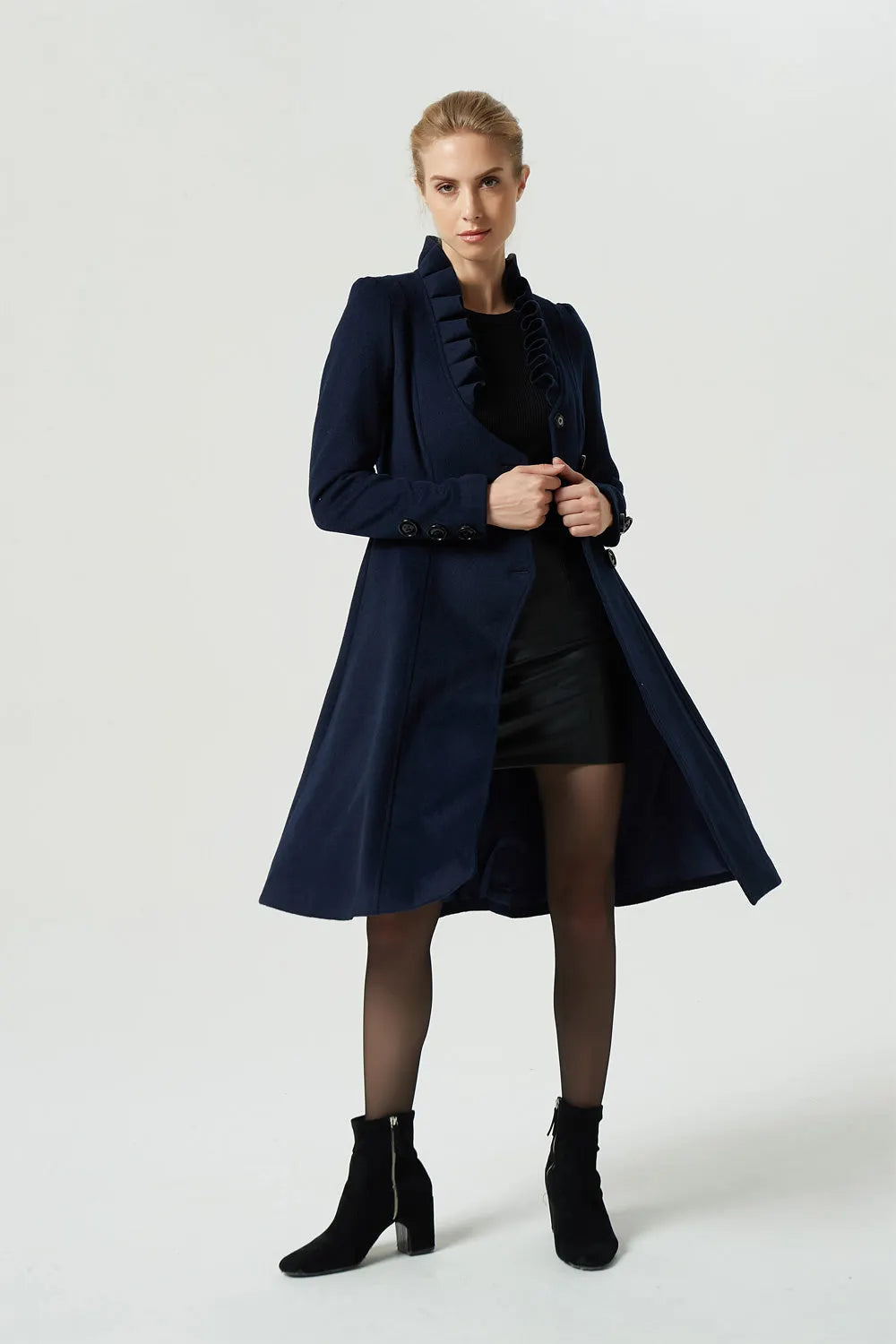 Navy Wool Coat - Handmade Tailored Fit with Ruffle Collar 1974