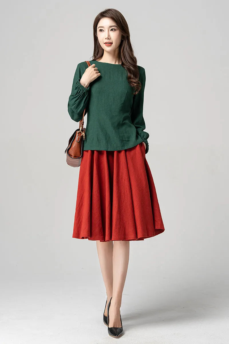 Green Linen Blouse - Lantern Sleeve Relaxed Fit 4183