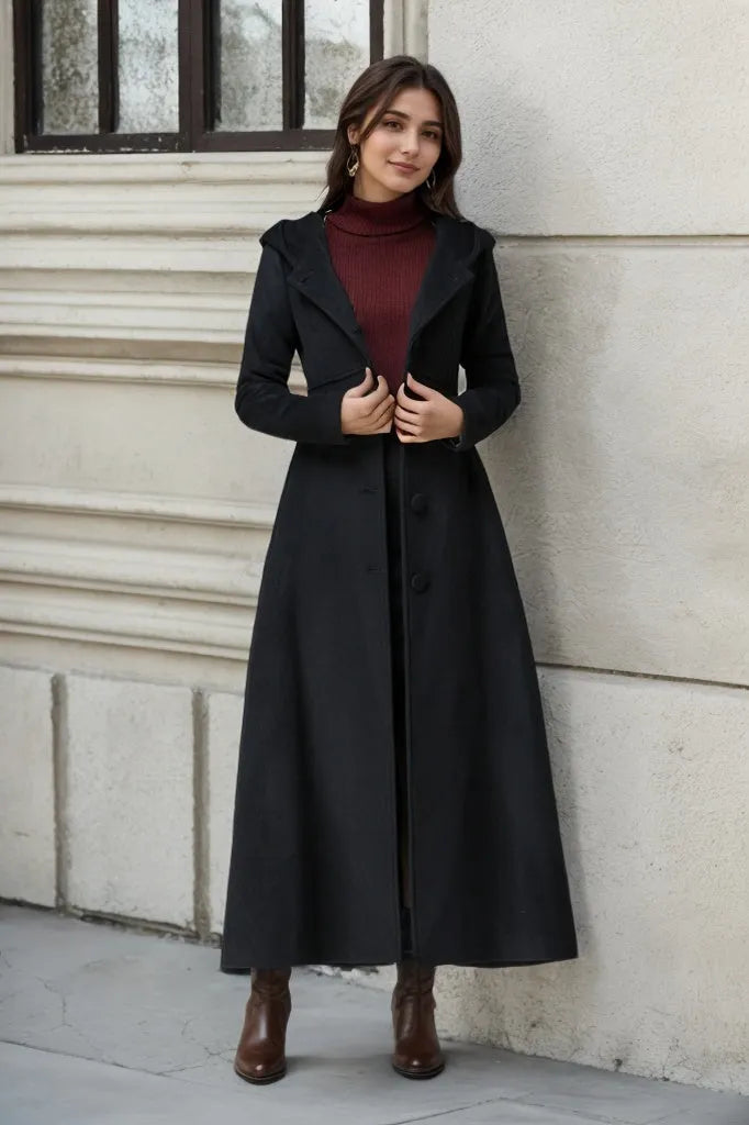 Black Wool Hooded Coat – Vintage A-Line Maxi Overcoat for Women 1839