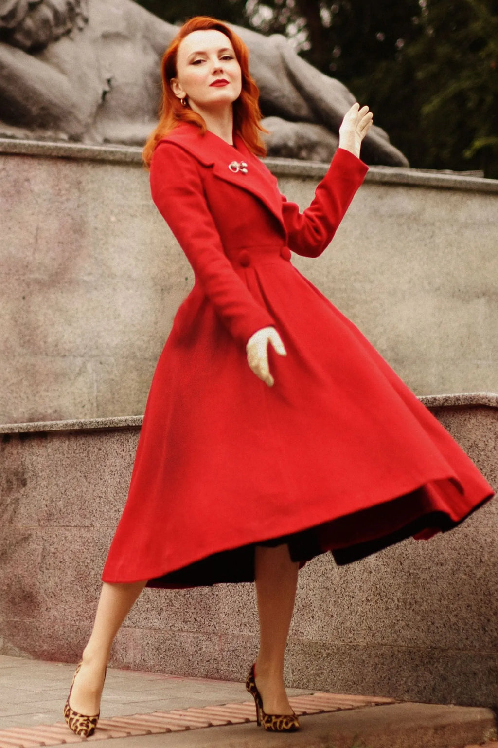 Elegant Red Wool Blend Coat – Handmade Fit & Flare Long Winter Coat 