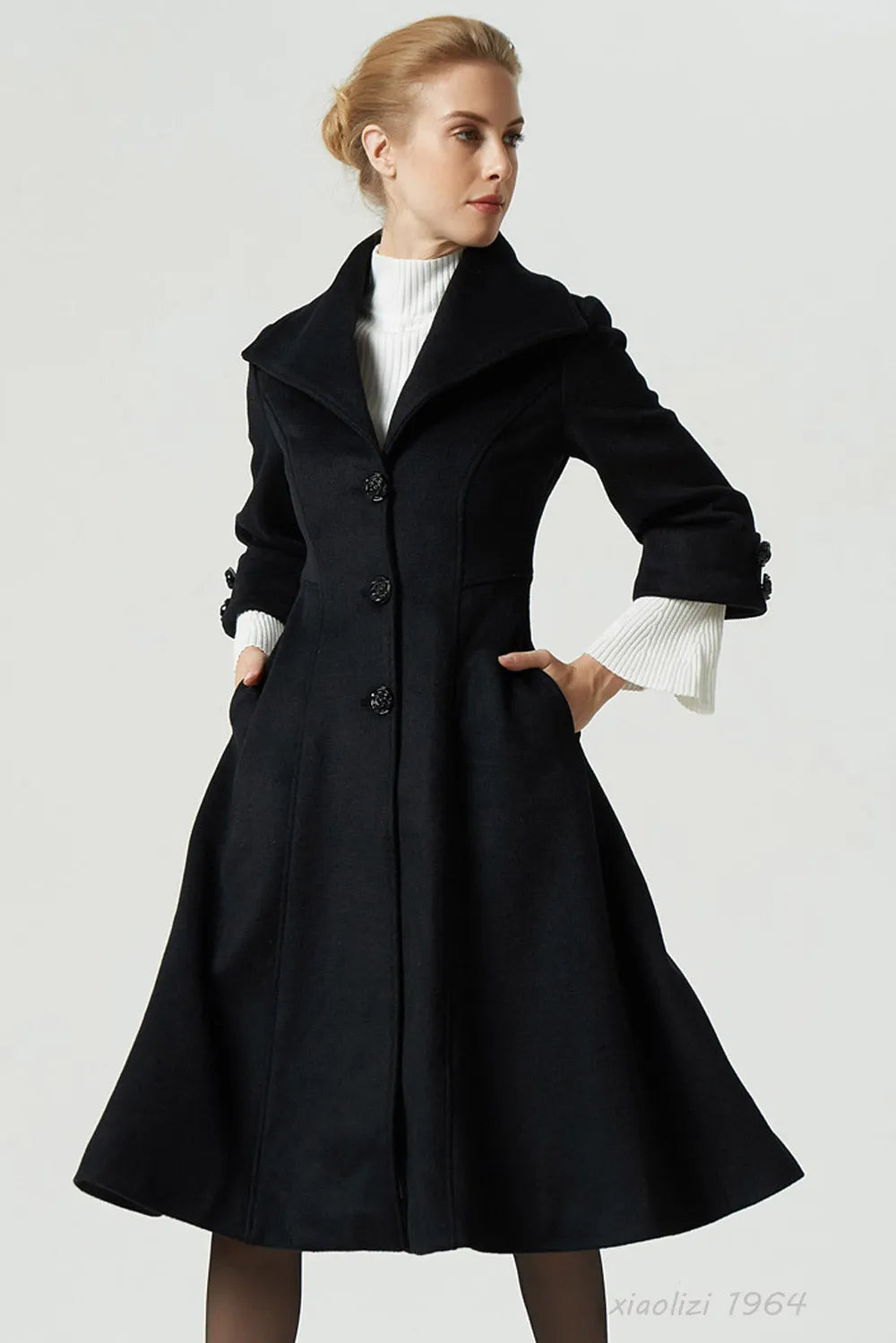 Black Wool Winter Coat – Big Lapel Fitted Midi Coat with 3/4 Sleeves 