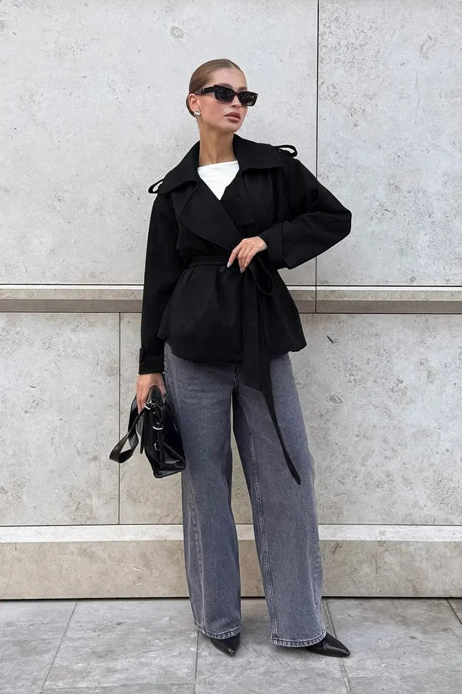 Suede Solid Tie Waist Thickened Warm Coat