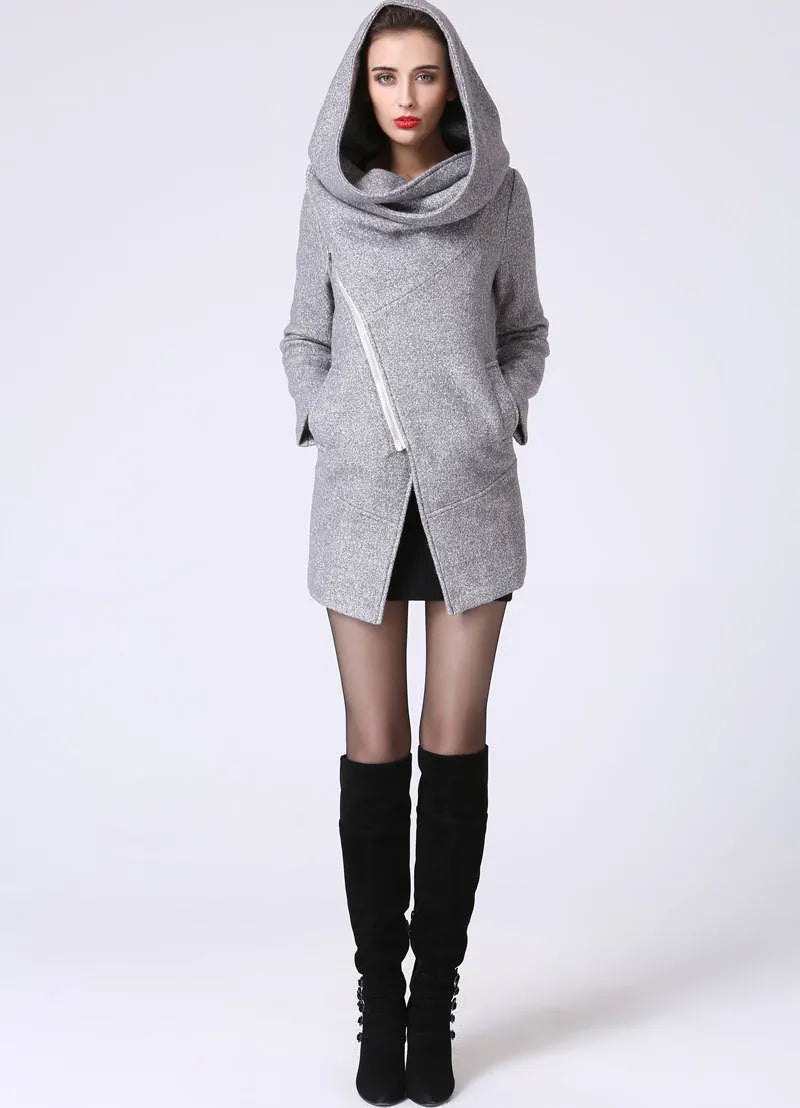 Women’s Gray Wool Blend Coat – Modern Asymmetrical Zip Hoodie Jacket 1060