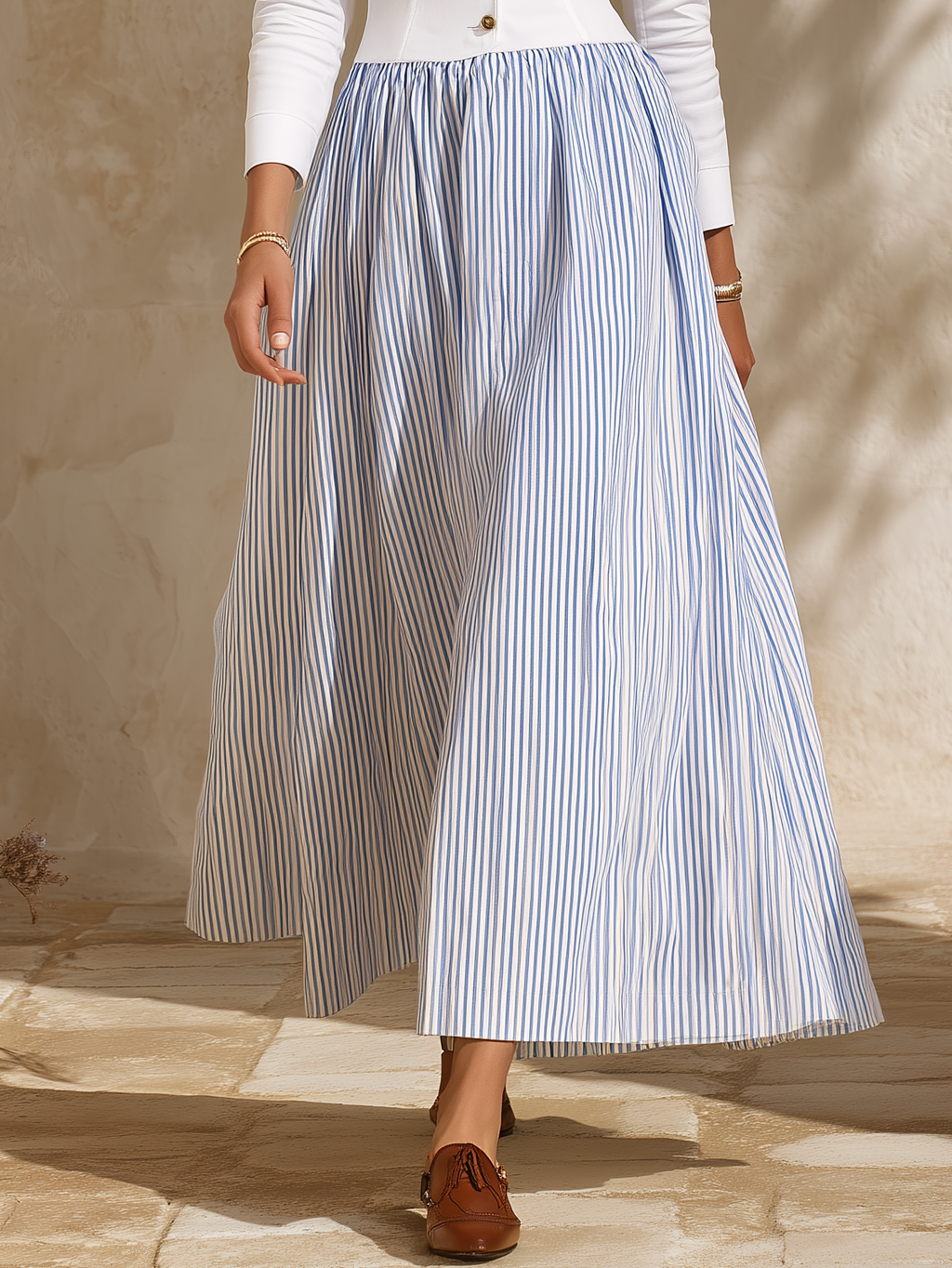 Nautical Vibe White Corset Bodice Blue Stripe Maxi Shirt Dress