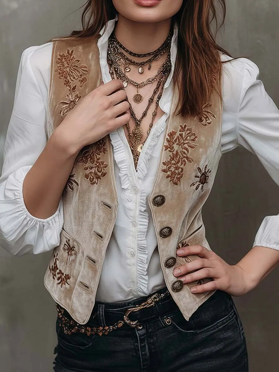 Beige Bohemian Vintage Chic Embroidered Velvet Vest