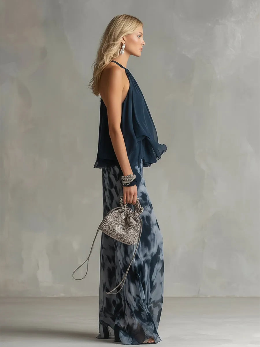 Elegant Urban Navy Blue Printed Wide-leg Pants