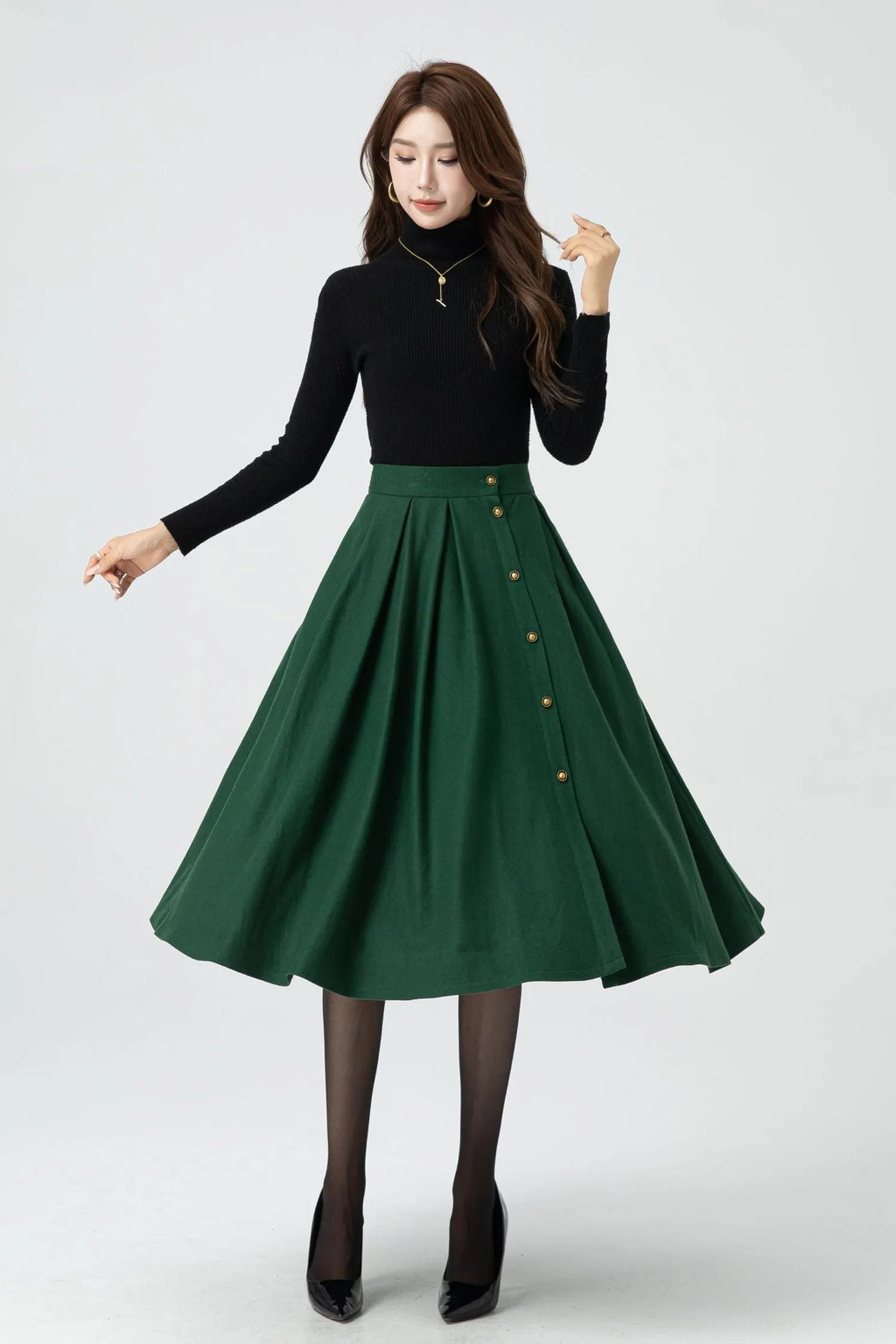 Green Wool Midi Skirt - Button Front Pleated Circle Skirt 5322