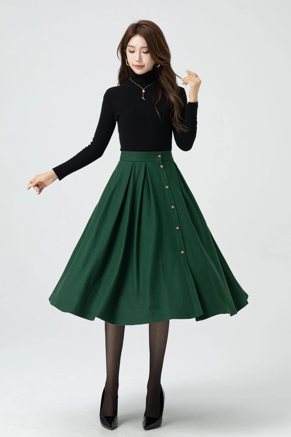 Green Wool Midi Skirt - Button Front Pleated Circle Skirt 5322