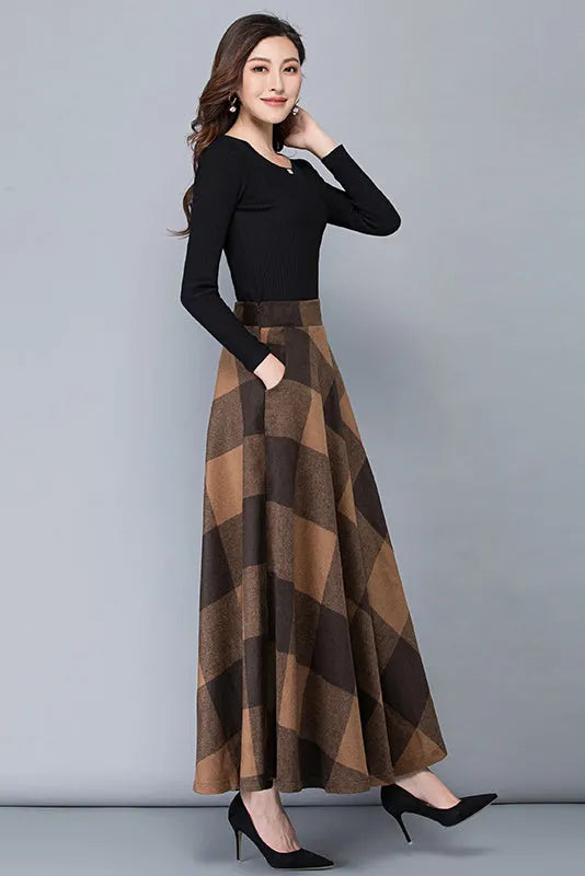Brown Wool Maxi Skirt - Vintage Plaid Full Length 3782