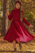 Red Wool Maxi Coat - Vintage Princess Silhouette with Pleated Detail 3219