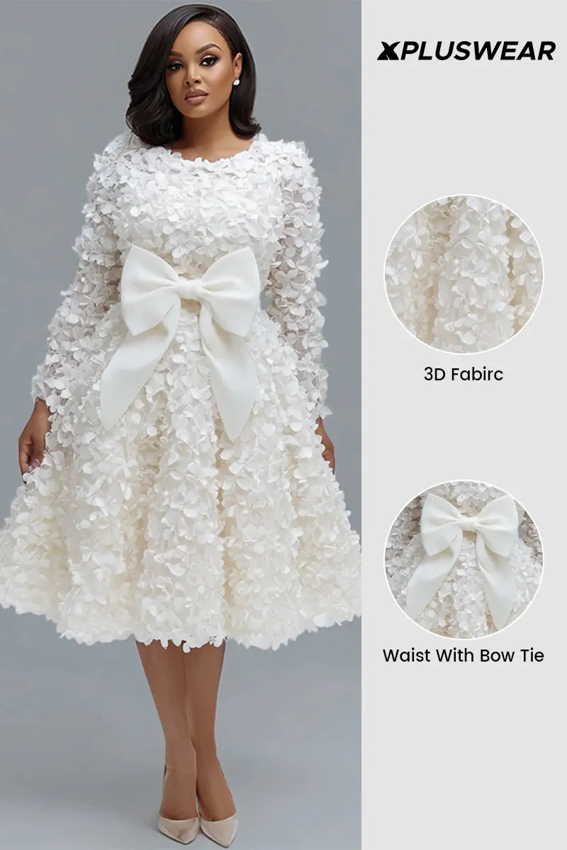 Wedding White Round Neck Long Sleeve Bow Tie Elegant 3D Midi Dresses