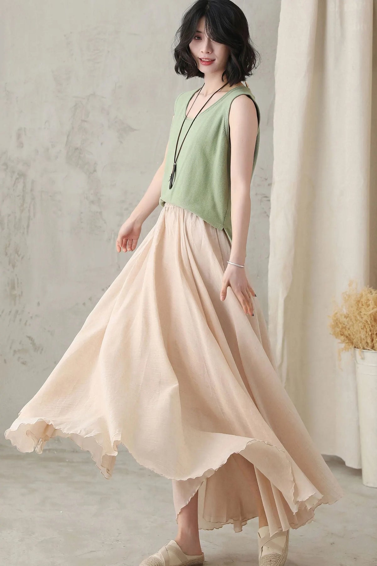 Beige Linen Maxi Skirt - High-Waist Elastic Waistband, Flowy Circle Hem 2820