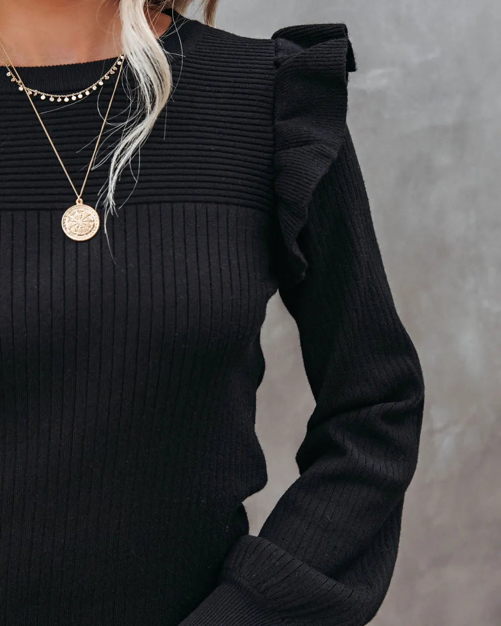 Reyna Ruffle Trim Ribbed Sweater - Black