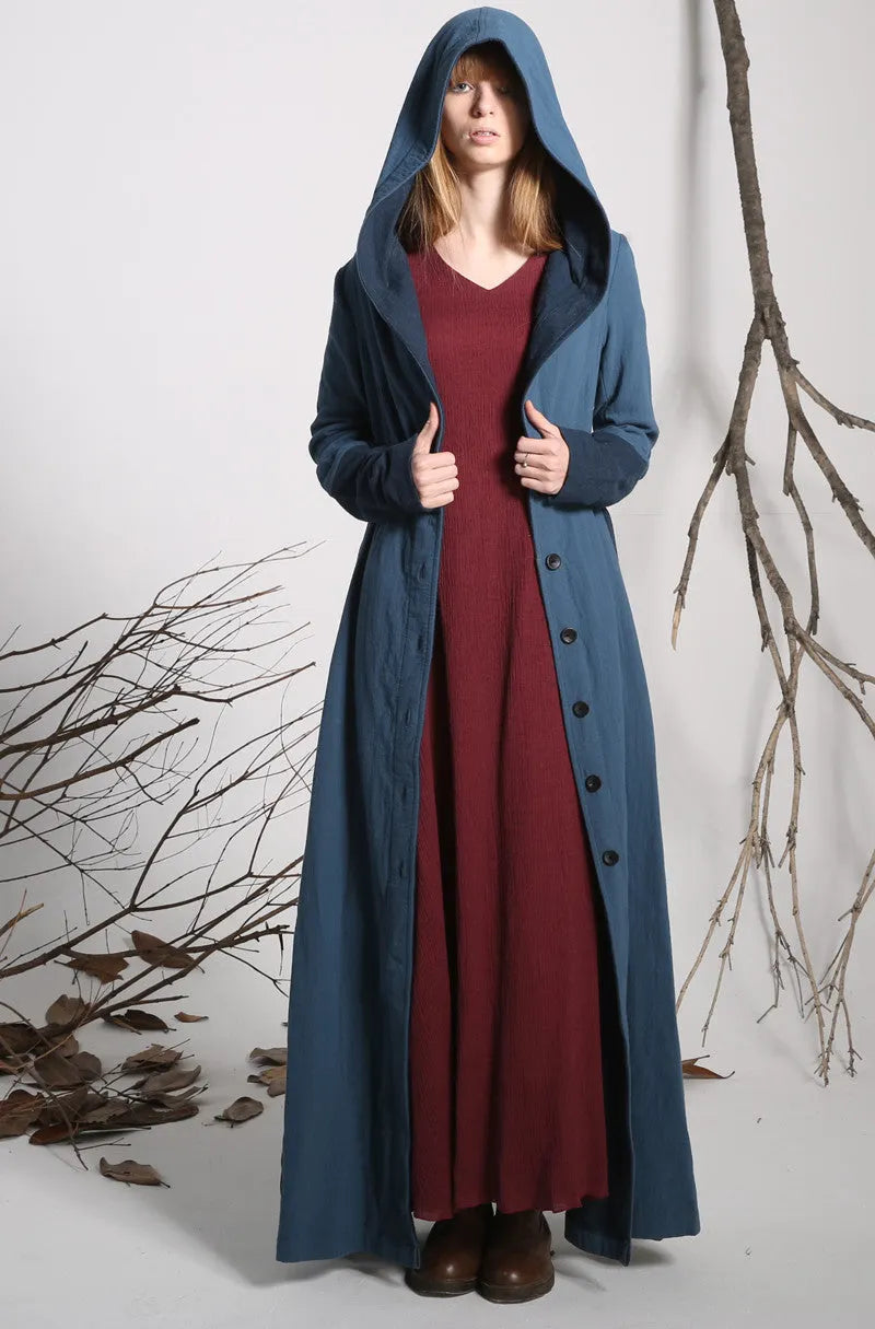 Blue Linen Cotton Trench Coat - Hooded Ankle-Length 