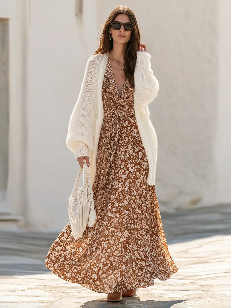 Fuzzy Mohair Open Front Oversized Long Cardigan And Brown Ditsy Floral Print Ruffle V-Neck Flowy Tiered Maxi Dress Two P