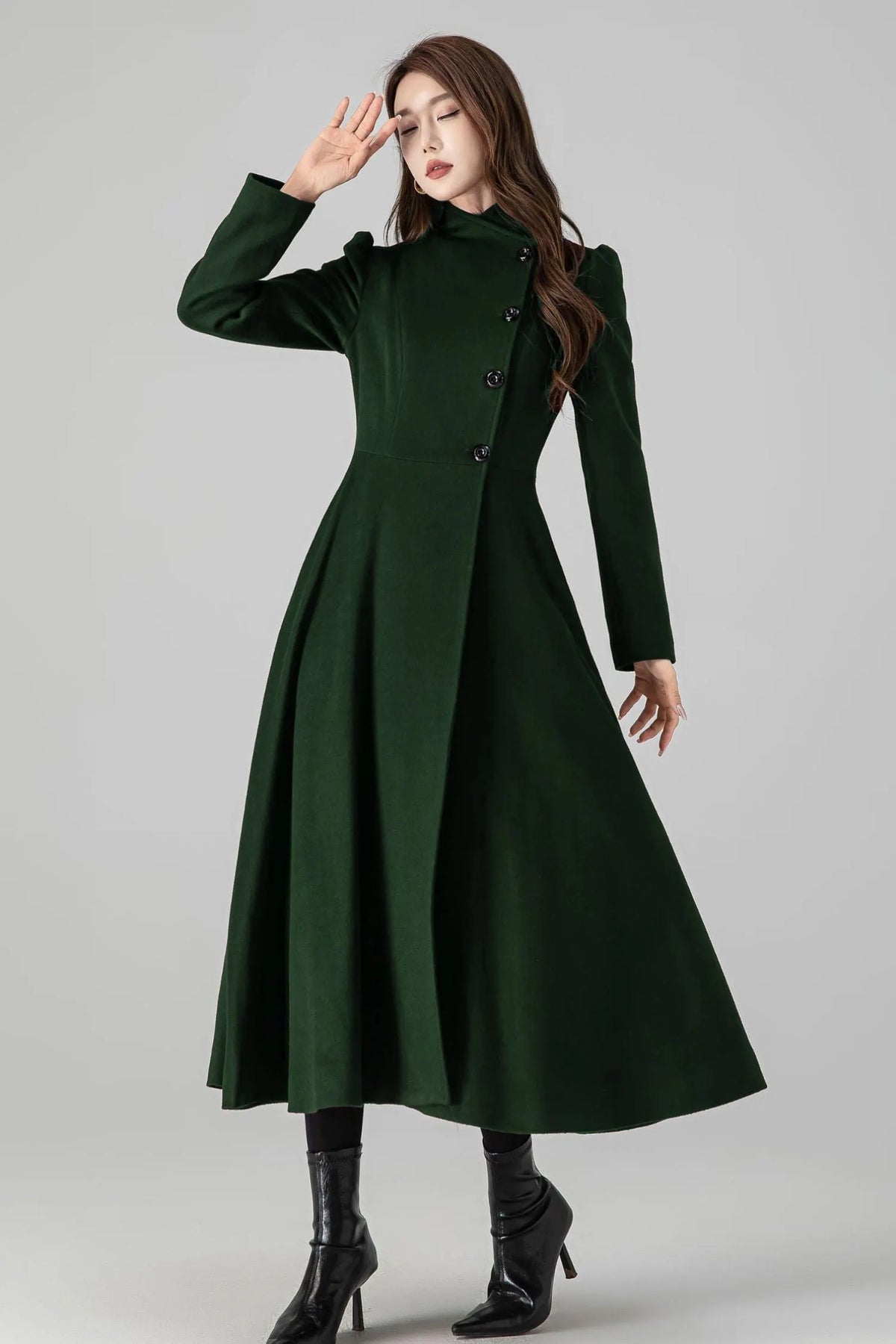 Forest Green Wool Coat - Vintage A-Line Silhouette with Stand Collar 5488