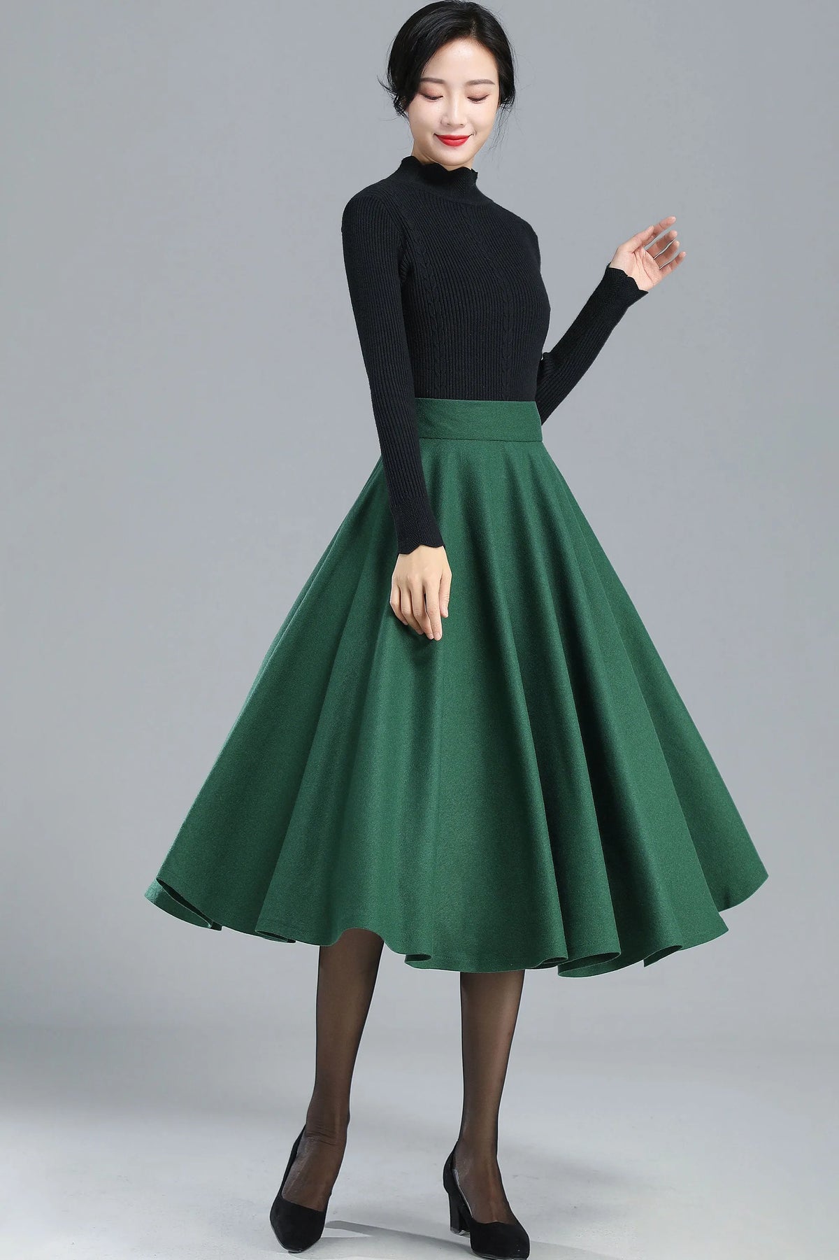 Green Wool Full Circle Skirt - Pleated High Waist Winter Essential 3248