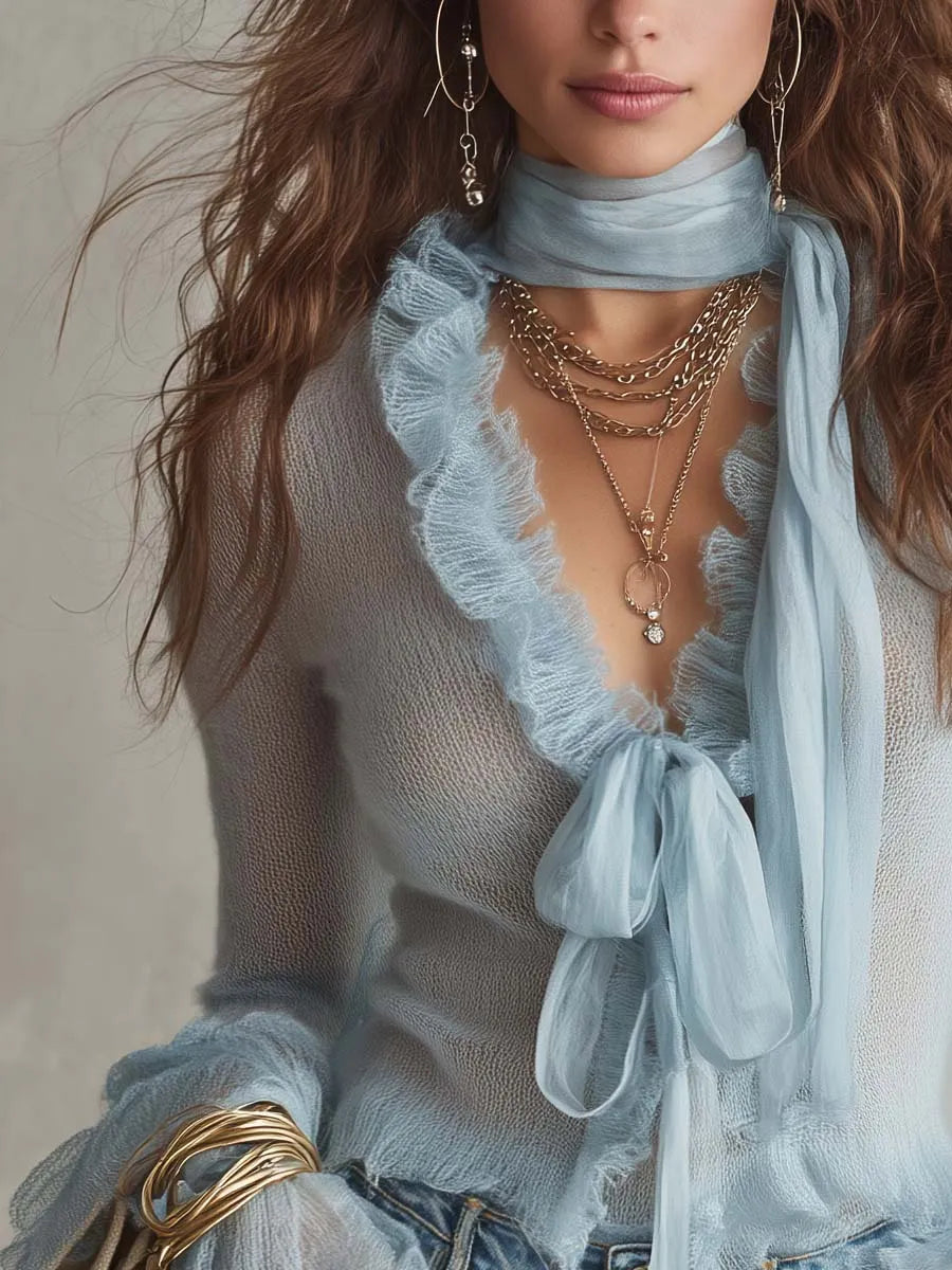Vintage-style Tencel Blend Tie Ruffle Trim Mohair Sweater