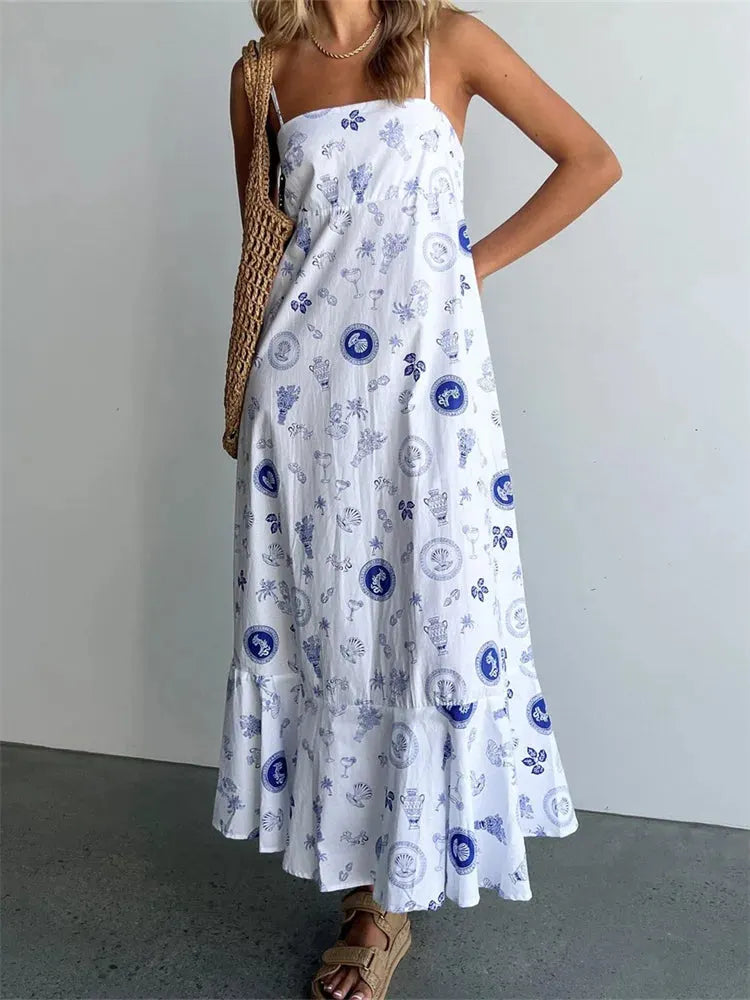 Vintage Women Summer Sleeveless Spaghetti Strap Floral Print Party Loose Casual Square Neck Vestidos