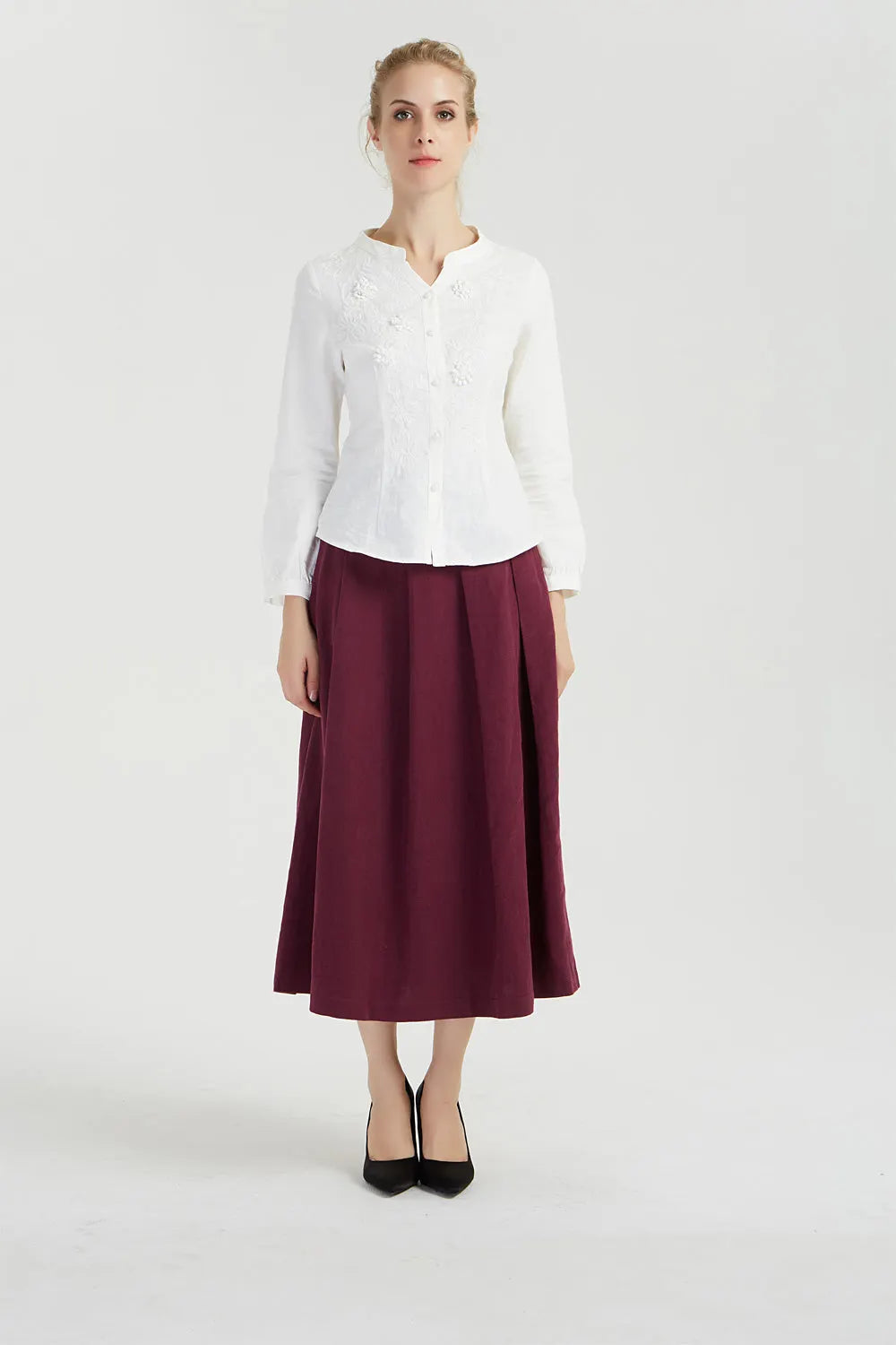 Burgundy Linen Midi Skirt - Pleated Paperbag Waist 2038
