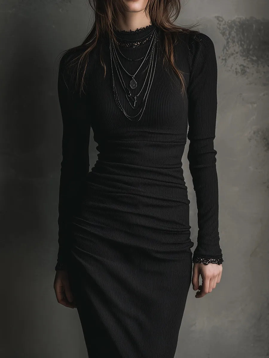 Basic Versatile Bottoming Lace Patchwork Stretch Knit Midi Dress