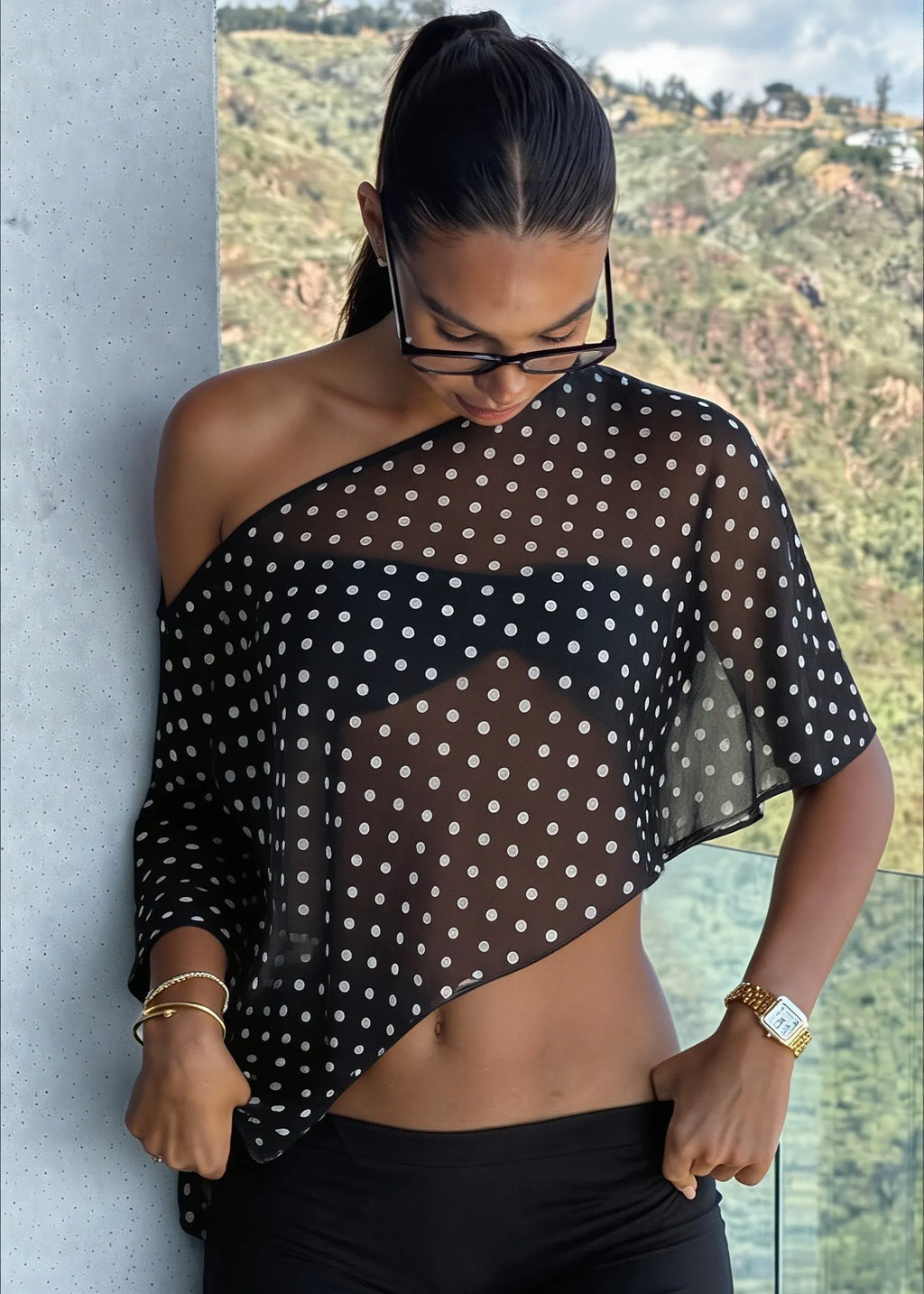 Chiffon Polka Dot Asym Shoulder Blouse