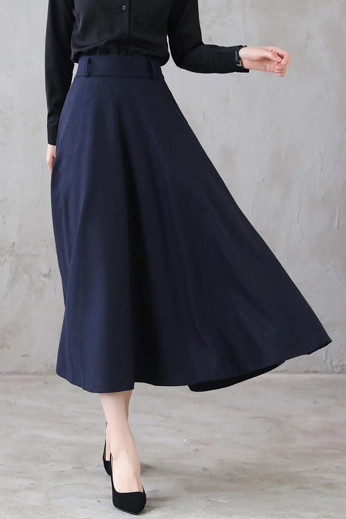 Navy Wool Midi Skirt - Vintage Inspired A-Line Silhouette 3118