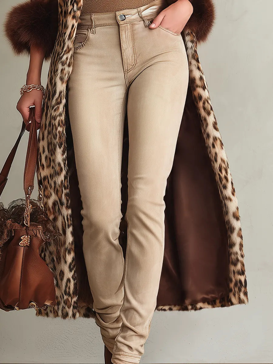 Vintage Brown Leopard Print Fur Trim Maxi Coat