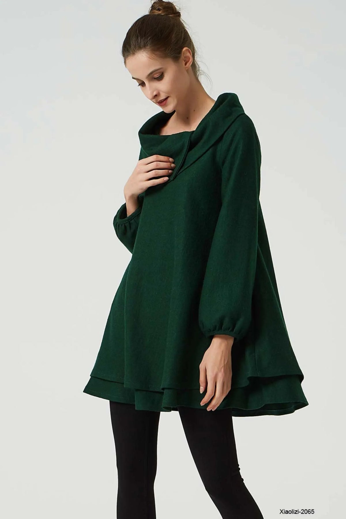 Army Green Wool Tunic Dress - Draped Cowl Neck & Layered Hem 2065