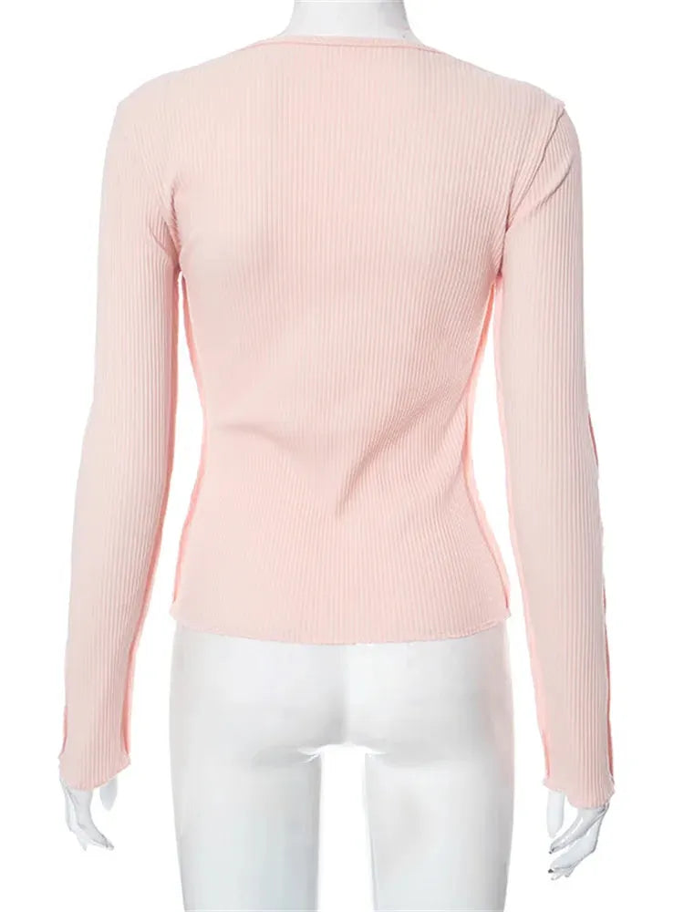 Long Sleeve Solid Color Slim Fit Ribbed Button Up T-shirts