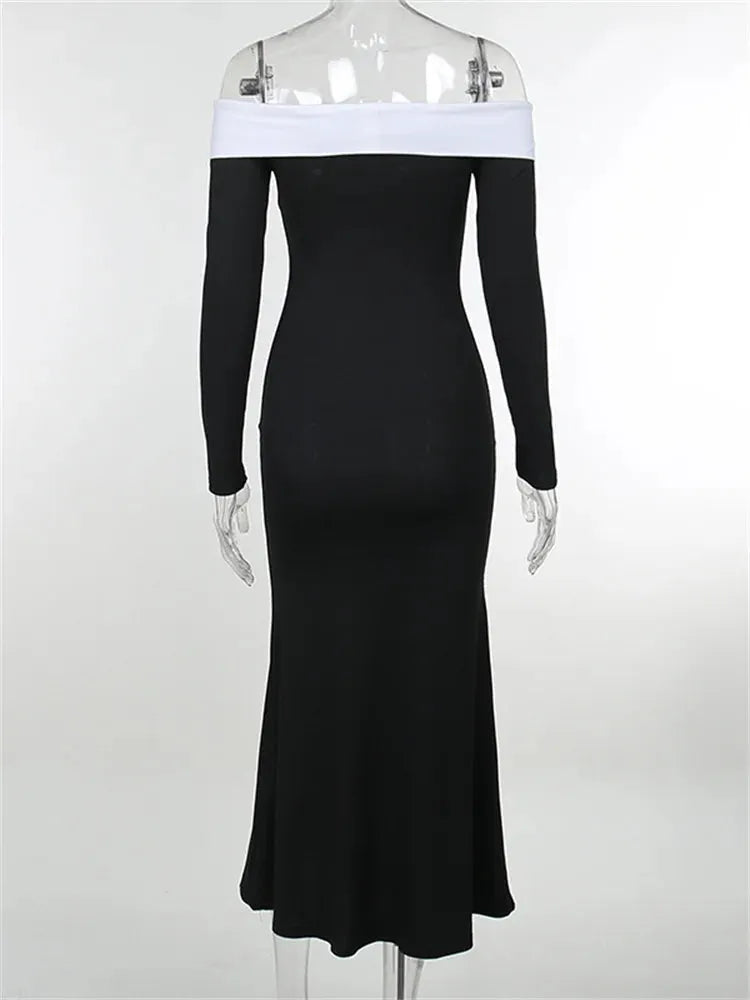 Sexy Women Slash Neck Off Shoulder Sleeve Contrast Color Slim Fit Party Formal Female Vestidos