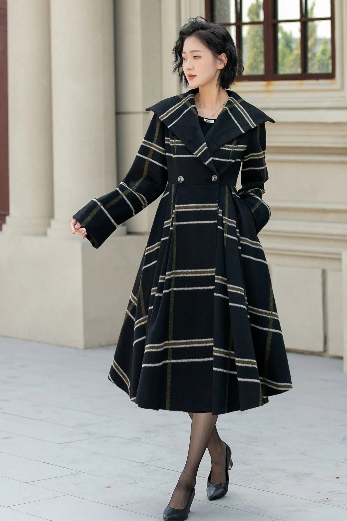 Black Wool Fit and Flare Coat - Double Breasted Stripe Design 5454