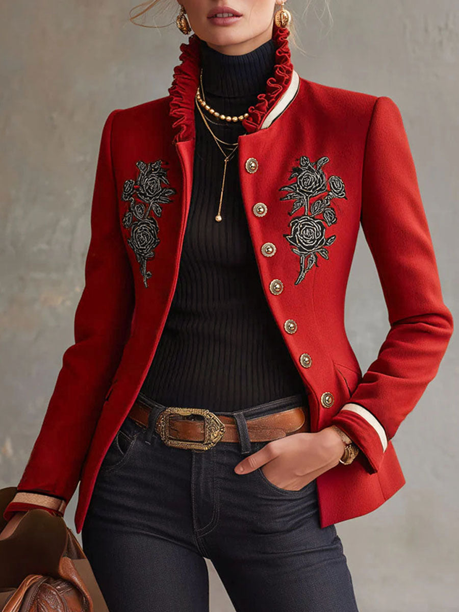 Ruffled Stand-up Collar Single-breasted Rose Embroidered Jacket