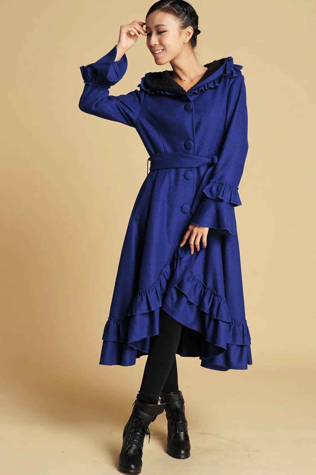 Royal Blue Wool Maxi Coat – Hooded Winter Overcoat with Ruffle Hem 380