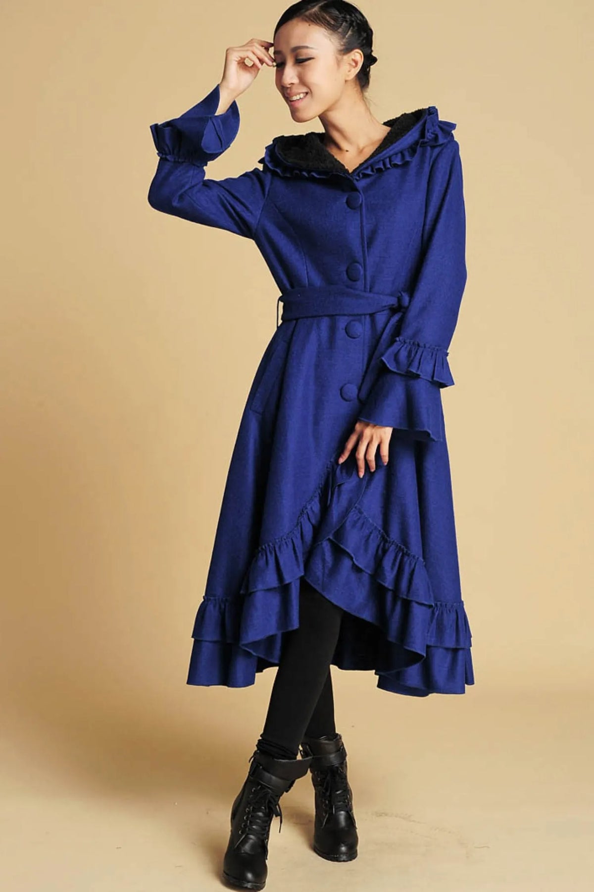 Royal Blue Wool Maxi Coat – Hooded Winter Overcoat with Ruffle Hem 380
