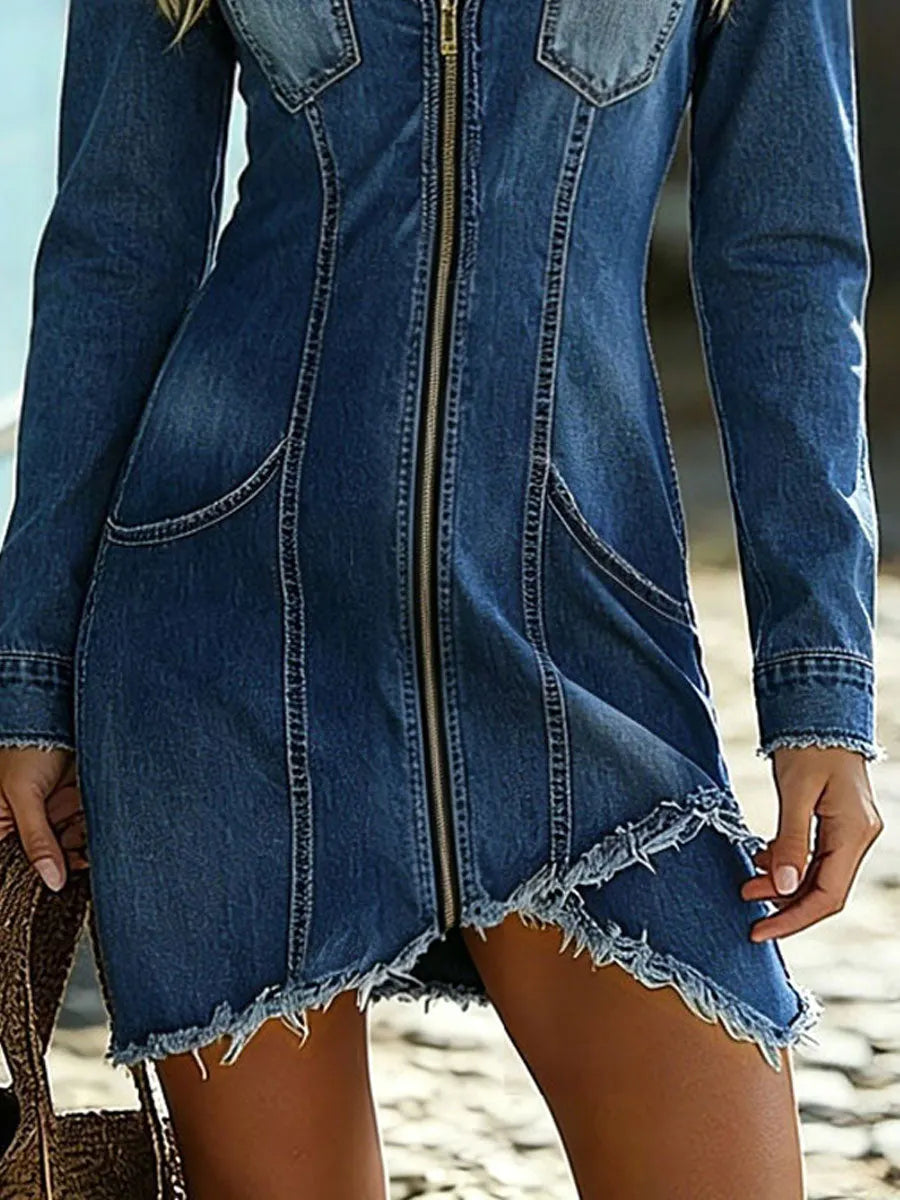 Western Retro Blue Denim Long-sleeved Frayed Mini Dress