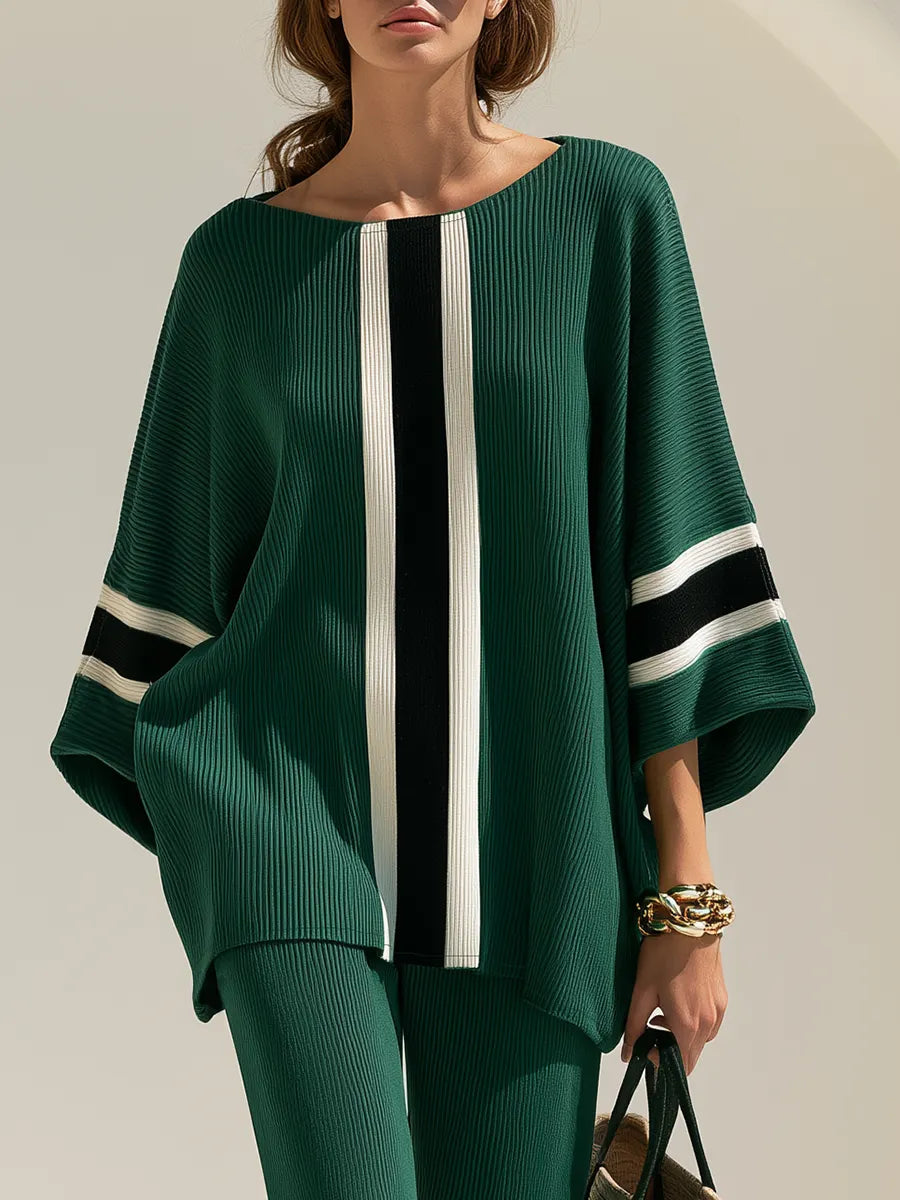 Retro-style Color-block Patchwork Batwing-sleeve Top And Flared Pants Set