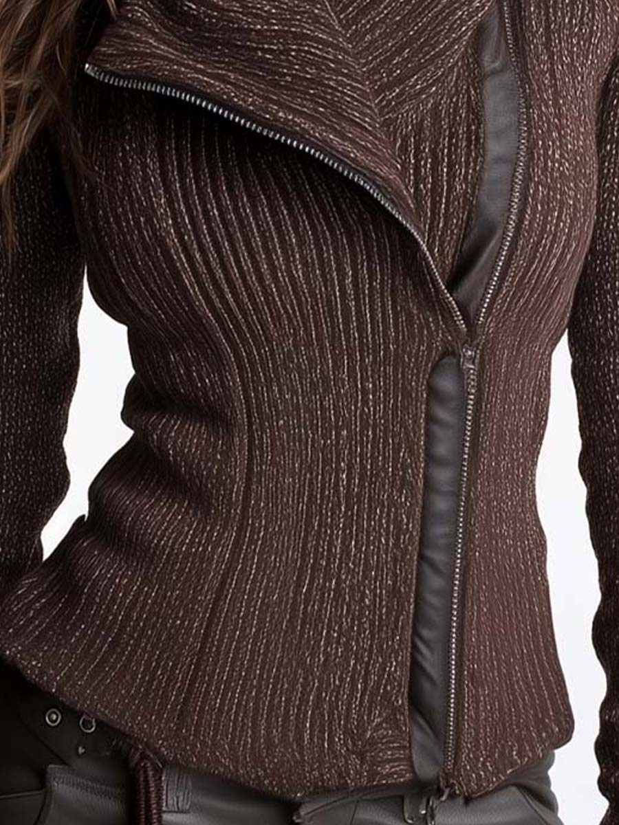 Brown Asymmetrical Zip Ribbed Knit Jacket
