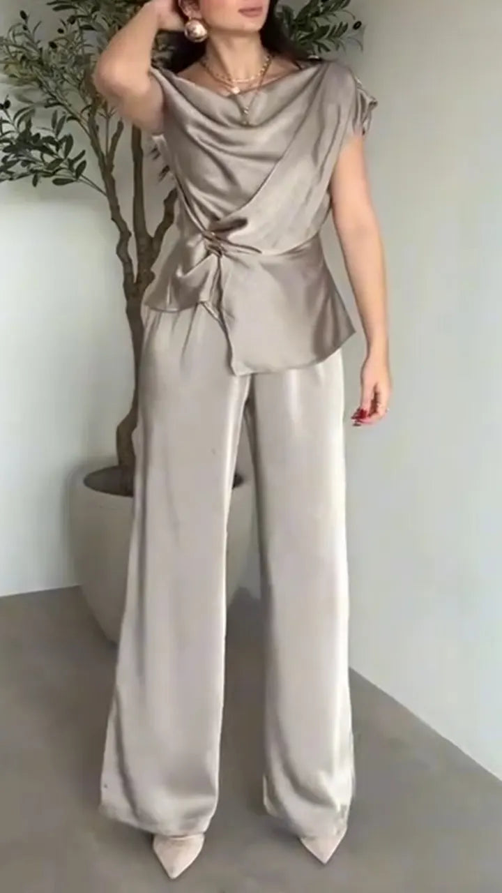 Women Diagonal Collar Pleated Top+ Pants Satin Temperament Casual Suit