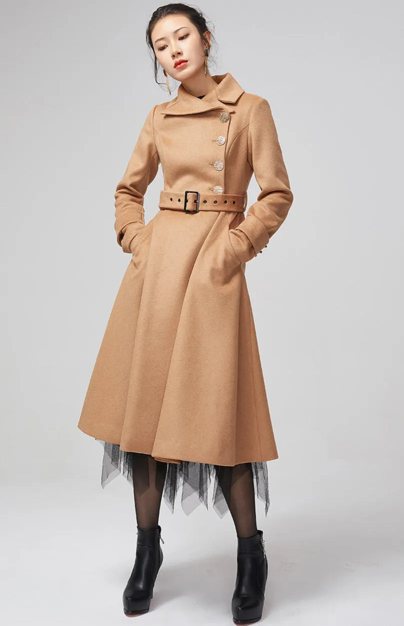 Camel Wool Blend Coat – Handmade Vintage Belted Winter Elegance 2204