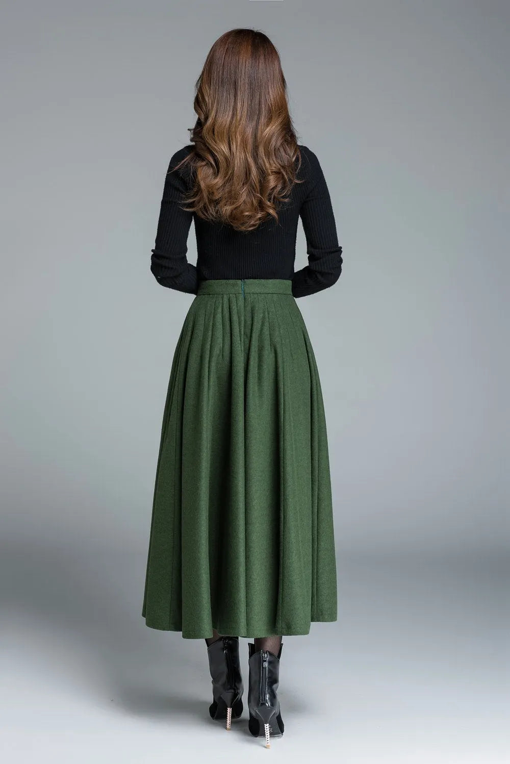 Handmade Women's High-Waisted Green Wool Maxi Skirt - Elegant A-Line Winter Skirt 1641
