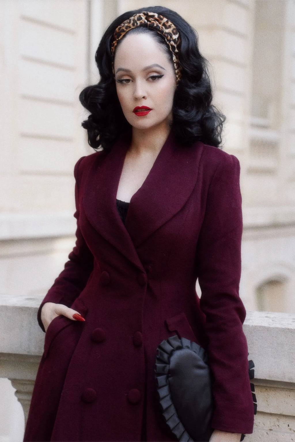 Handmade Burgundy Wool Swing Coat – Vintage Fit and Flare Double-Breasted Overcoat 