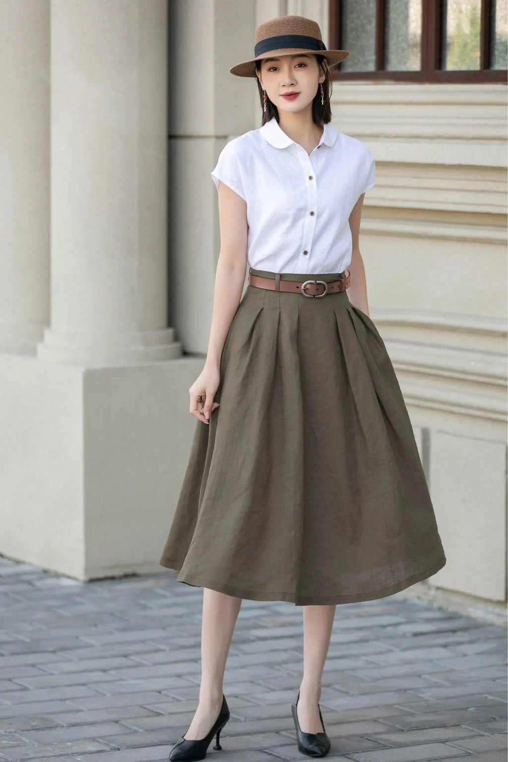 Olive Green Linen Blend Pleated Midi Skirt - A-Line with Pockets 5556