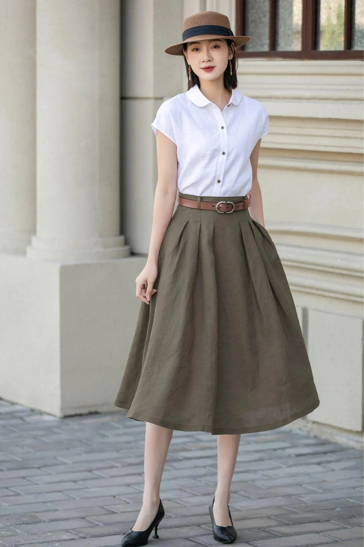 Olive Green Linen Blend Pleated Midi Skirt - A-Line with Pockets 5556