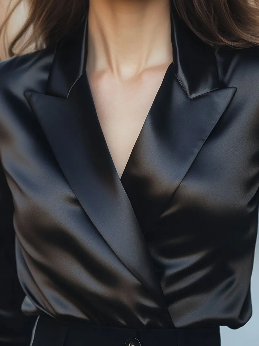 Lustrous Black Satin Blouse with Tailored Lapel