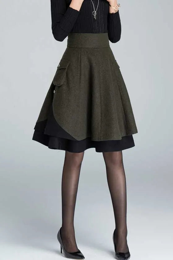 Vintage Green Wool Skater Skirt – High Waist Winter Mini Skirt with Pockets 1627